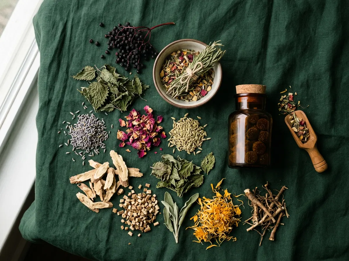 Dried herbs, roots, berries and flowers arranged beside an amber jar of gummies