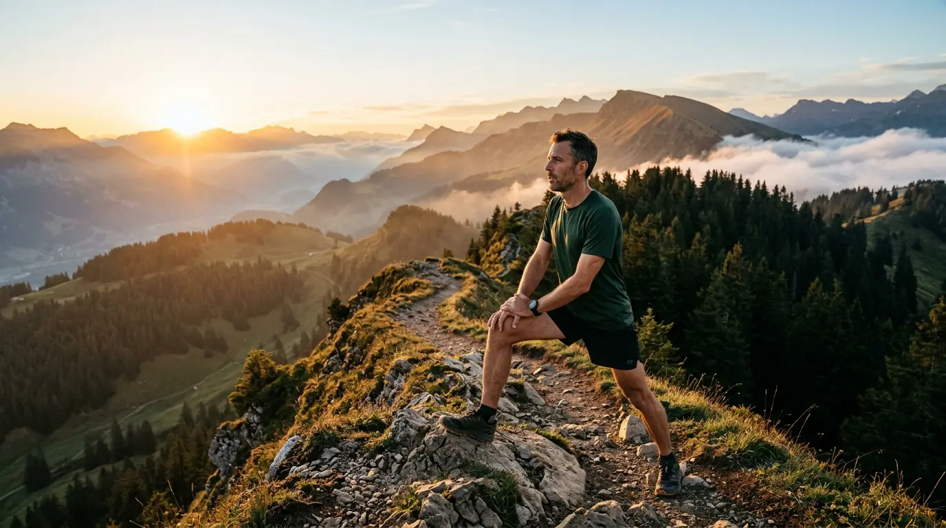 A man stretching on a mountain ridge trail at sunrise